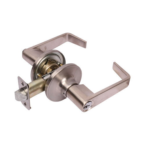 Pamex FLU607C Calypso Lever with Round Rose Keyed Entry Lockset with ADA Pushbutton Grade 3 with KW1 Keyway Satin Nickel Finish